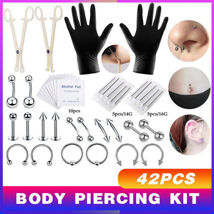 42Pcs Body Piercing Kit Needle Nipple Belly Tongue Eyebrow Nose Lip Ring 14G/16G - Aimall