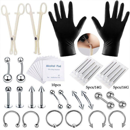 42Pcs Body Piercing Kit Needle Nipple Belly Tongue Eyebrow Nose Lip Ring 14G/16G - Aimall