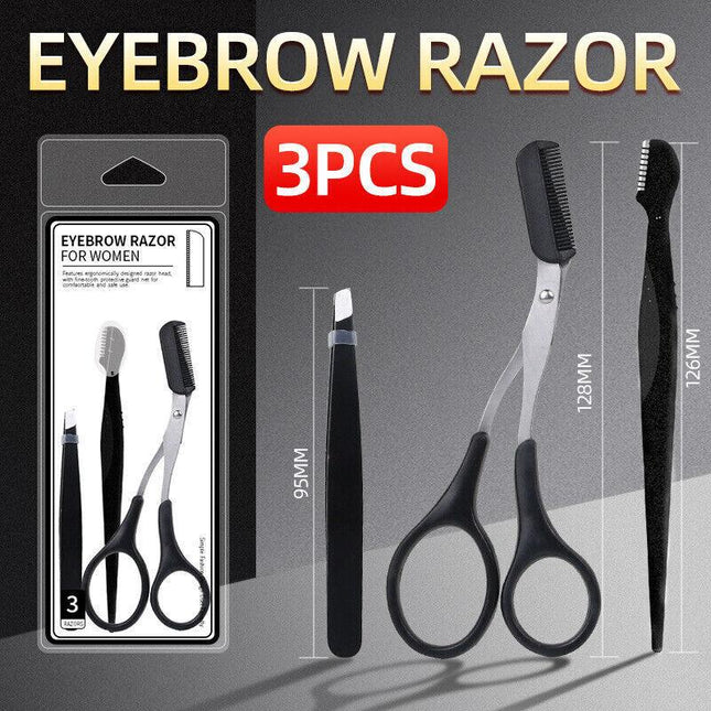 3PCS Eyebrow Razor Set Trimmer Shaver Scissors spooley Dermaplaning Tweezers AU - Aimall