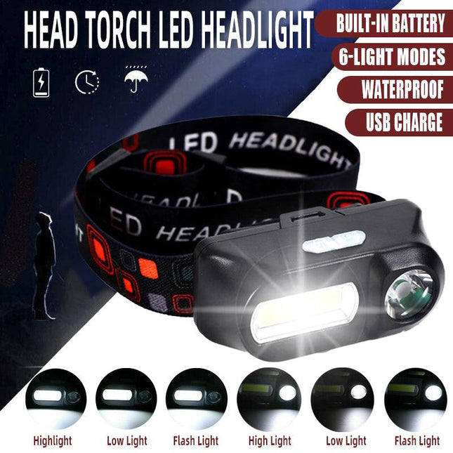 Super Bright Waterproof Head Torch Headlight LED USB Rechargeable Headlamp Fish - Aimall