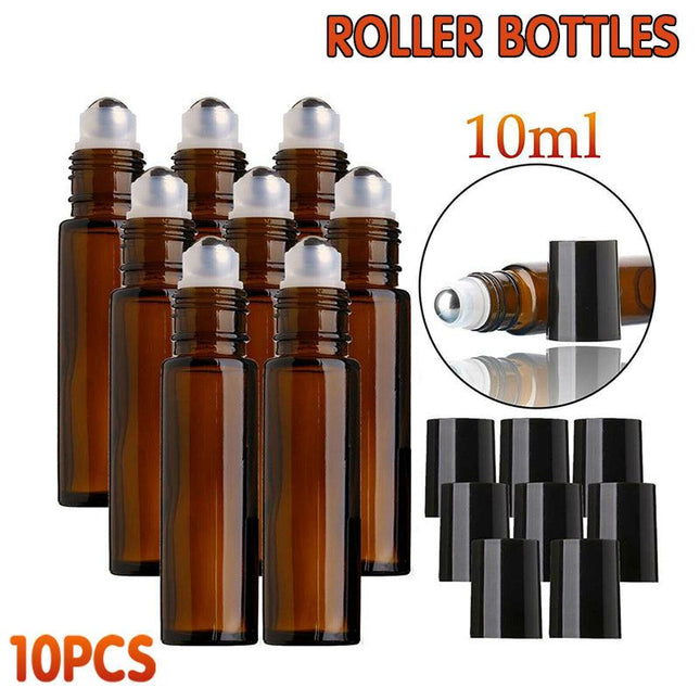 10X 10ml Roller Bottles Amber Thick Glass Steel Roll on Ball for Essential Oils - Aimall