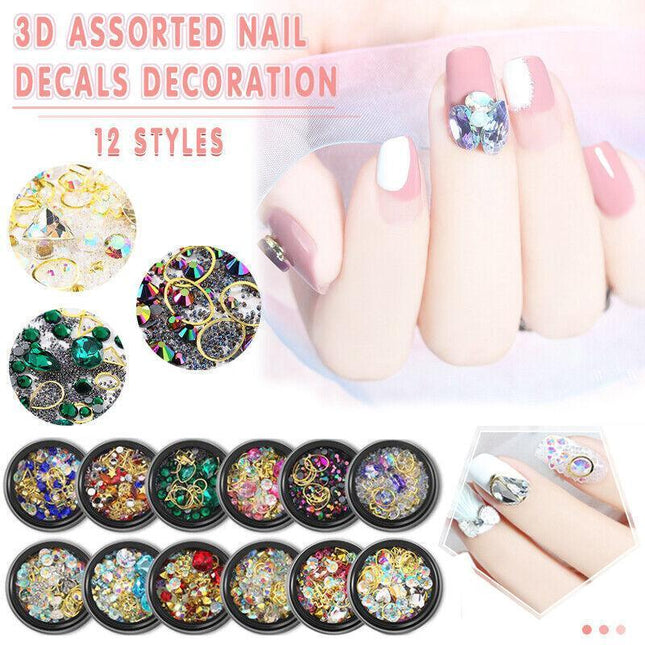 3D Assorted Nail Decals Decoration Nail Art Rhinestones Mix Gem Designs Tips DIY - Aimall