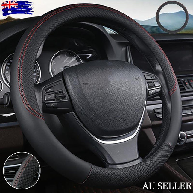 Breathable Car Steering Wheel Black Cover PU Leather Anti-slip Interiors 15'' AU - Aimall