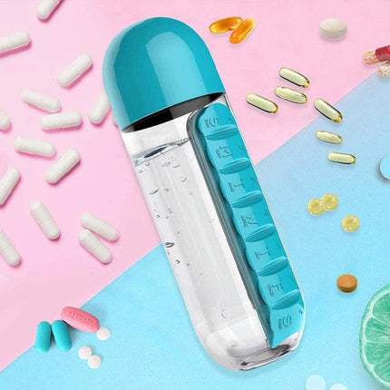 2 IN 1 Water Bottle With Daily Pill Box Organizer Drinking 600ML Bottle AU STOCK - Aimall