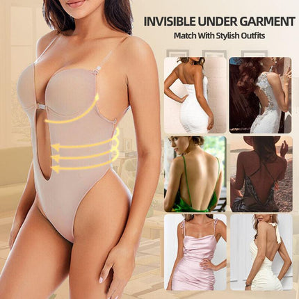 Women Deep U Plunge Seamless Push Up Bra Thong Body Shaper Backless Bodysuit Hot - Aimall