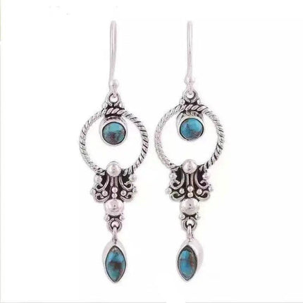 Retro Boho Turquoise Flower Earrings Hook Moonstone Dangle Drop Sapphire Women - Aimall
