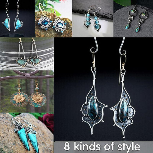 Retro Boho Turquoise Flower Earrings Hook Moonstone Dangle Drop Sapphire Women - Aimall