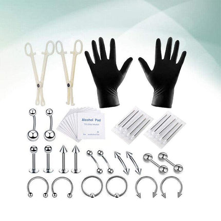 42Pcs Body Piercing Kit Needle Nipple Belly Tongue Eyebrow Nose Lip Ring 14G/16G - Aimall