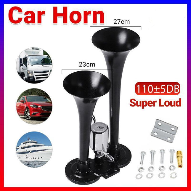 12/24V 600db Car Boat Truck Lorry Super Loud 2 Trumpet Air Horn Black AU Stock - Aimall