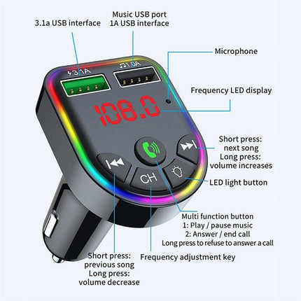Car FM Transmitter Bluetooth Radio MP3 Player Music RGB Light Charger Kit USB - Aimall