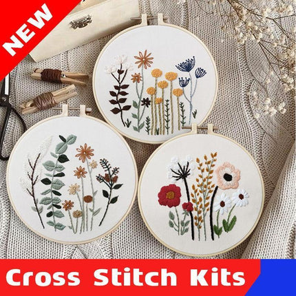 DIY Flowers Pattern Embroidery Kits Craft Beginner Needlepoint Hoop Cross Stitch - Aimall