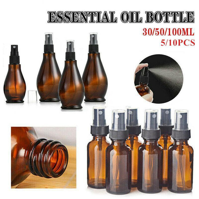 30-100ml Amber Glass Essential Oil Spray Roller Bottles Mist Sprayer Containers - Aimall