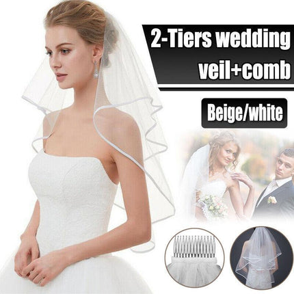 Women Bridal Wedding 2-Tier Veil With Satin Edge Comb Hen's Night White Ivory AU - Aimall
