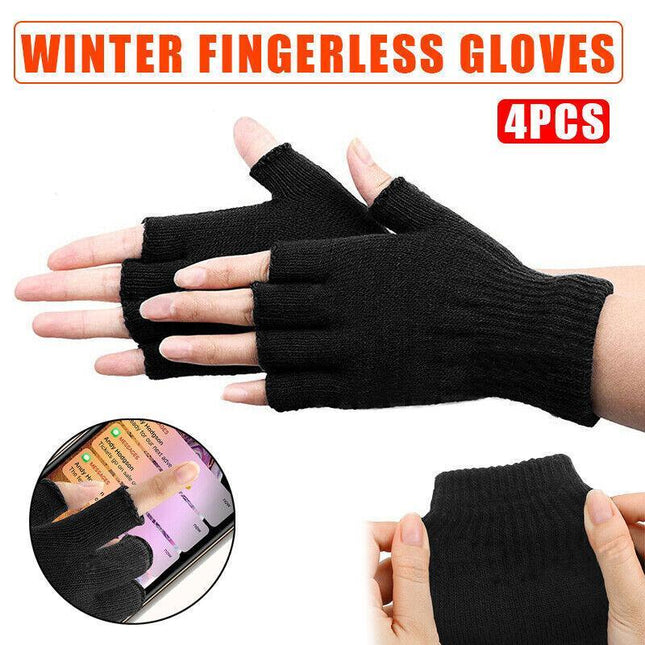 2x Winter Fingerless Gloves Open Finger Black Soft Warm Knitted Glove Unisex AU - Aimall