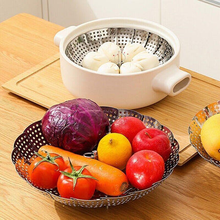26CM Steam Vegetable Basket Stainless Steel Tray Mesh Cook Dish Folding Steamer - Aimall