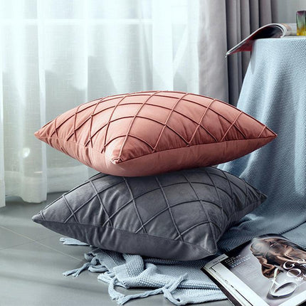 Velvet Cushion Cover Pleated Checked Plaid Plush Decorative Lounge Cushion Cover - Aimall