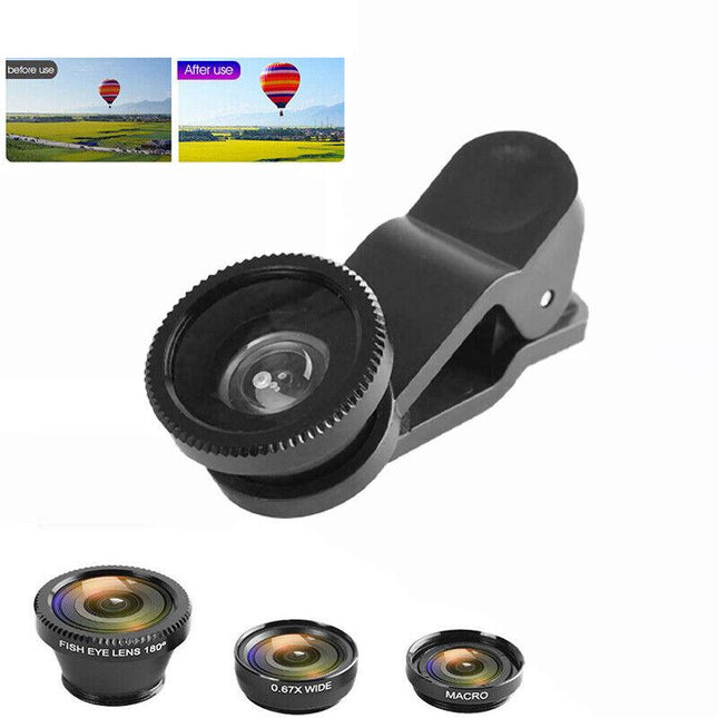 Wide Angle Macro Fisheye Phone Camera Lens Kit for iPhone Samsung (Black) AU - Aimall