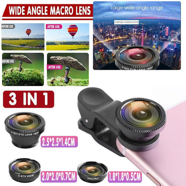 Wide Angle Macro Fisheye Phone Camera Lens Kit for iPhone Samsung (Black) AU - Aimall