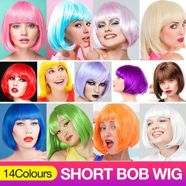 Womens Short Straight BOB Sleek Hair with bang Synthetic Cosplay Wig Wigs Party - Aimall