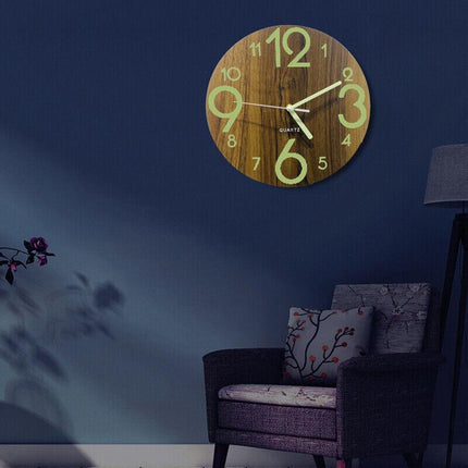 Glow In Dark Wall Clock Luminous Quartz Wooden Non Ticking Home Decor 12''/30cm - Aimall