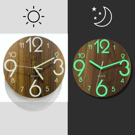 Glow In Dark Wall Clock Luminous Quartz Wooden Non Ticking Home Decor 12''/30cm - Aimall