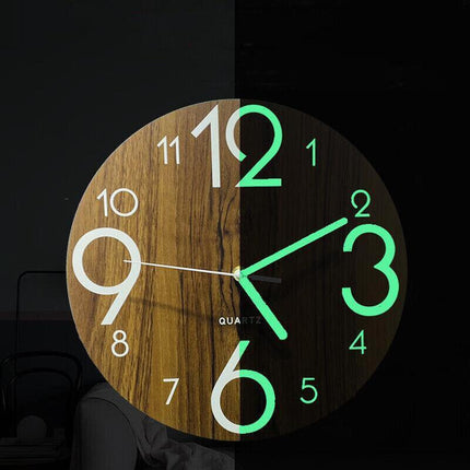 Glow In Dark Wall Clock Luminous Quartz Wooden Non Ticking Home Decor 12''/30cm - Aimall