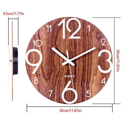 Glow In Dark Wall Clock Luminous Quartz Wooden Non Ticking Home Decor 12''/30cm - Aimall