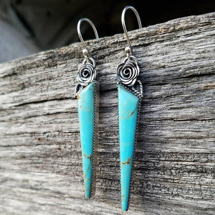 Retro Boho Turquoise Flower Earrings Hook Moonstone Dangle Drop Sapphire Women - Aimall