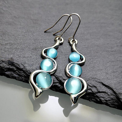 Retro Boho Turquoise Flower Earrings Hook Moonstone Dangle Drop Sapphire Women - Aimall