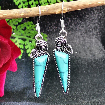 Retro Boho Turquoise Flower Earrings Hook Moonstone Dangle Drop Sapphire Women - Aimall