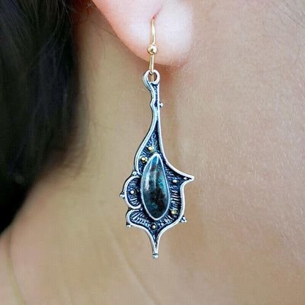 Retro Boho Turquoise Flower Earrings Hook Moonstone Dangle Drop Sapphire Women - Aimall