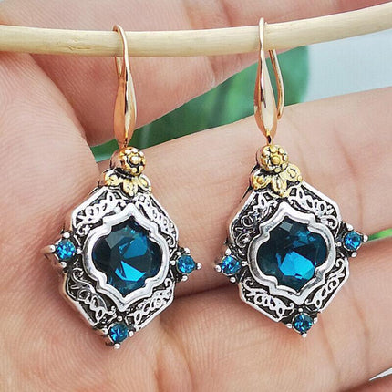 Retro Boho Turquoise Flower Earrings Hook Moonstone Dangle Drop Sapphire Women - Aimall