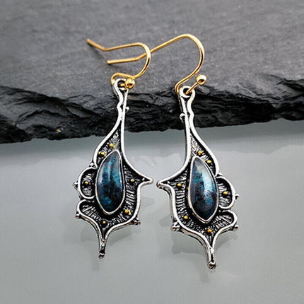 Retro Boho Turquoise Flower Earrings Hook Moonstone Dangle Drop Sapphire Women - Aimall