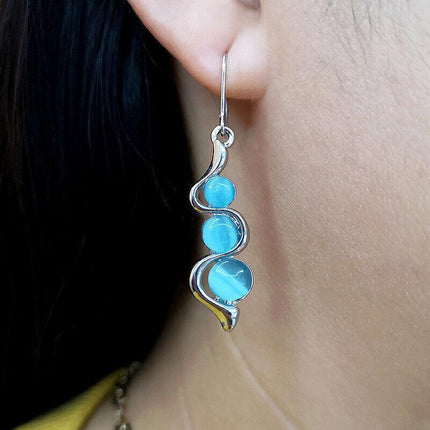 Retro Boho Turquoise Flower Earrings Hook Moonstone Dangle Drop Sapphire Women - Aimall