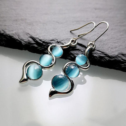 Retro Boho Turquoise Flower Earrings Hook Moonstone Dangle Drop Sapphire Women - Aimall