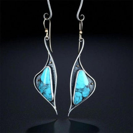 Retro Boho Turquoise Flower Earrings Hook Moonstone Dangle Drop Sapphire Women - Aimall
