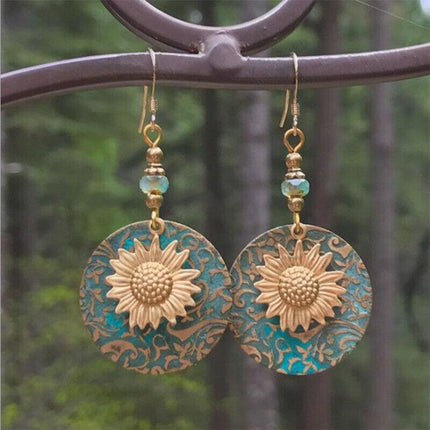 Retro Boho Turquoise Flower Earrings Hook Moonstone Dangle Drop Sapphire Women - Aimall