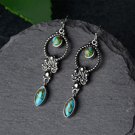 Retro Boho Turquoise Flower Earrings Hook Moonstone Dangle Drop Sapphire Women - Aimall