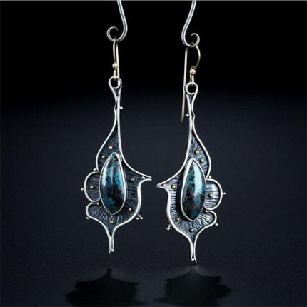 Retro Boho Turquoise Flower Earrings Hook Moonstone Dangle Drop Sapphire Women - Aimall