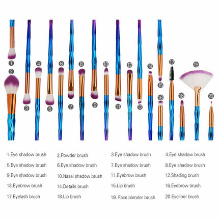 20 PCS Eye Make-up Brushes Diamond Unicorn Eyeshadow Eyebrow Blending Brush Set - Aimall