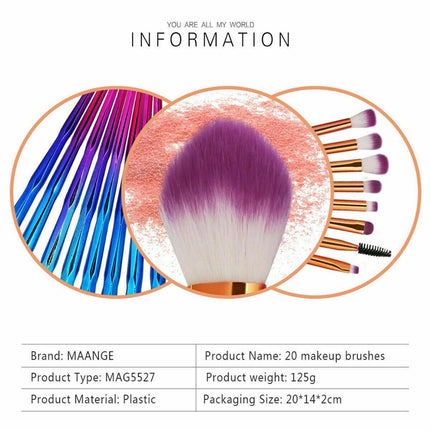 20 PCS Eye Make-up Brushes Diamond Unicorn Eyeshadow Eyebrow Blending Brush Set - Aimall