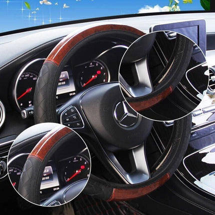 Car Steering Wheel Cover Mahogany Wood Pattern PU Leather Steering wheel CoverAU - Aimall