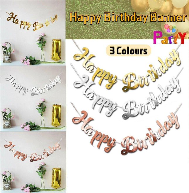 Rose Gold/Gold/Silver Happy Birthday Banner Bunting Garland Party Decorations AU - Aimall