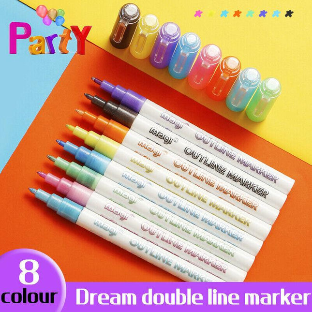8PCS Multicolored Super Squiggles Outline Marker Pen Set Painting Art Kids DIY - Aimall
