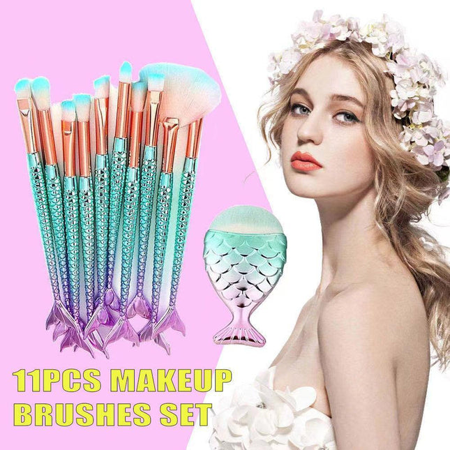 11 X Mermaid Makeup Brushes Set Fish Tail Foundation Eyeshadow Cosmetic Brush AU - Aimall