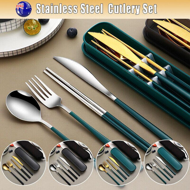 6pcs/set Cutlery Set Stainless Steel Spoon Fork Knife Chopsticks Travel Box Bag - Aimall