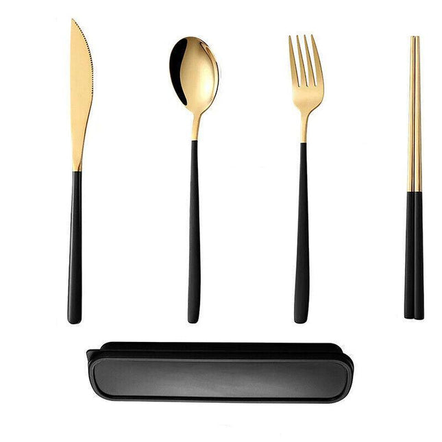 6pcs/set Cutlery Set Stainless Steel Spoon Fork Knife Chopsticks Travel Box Bag - Aimall