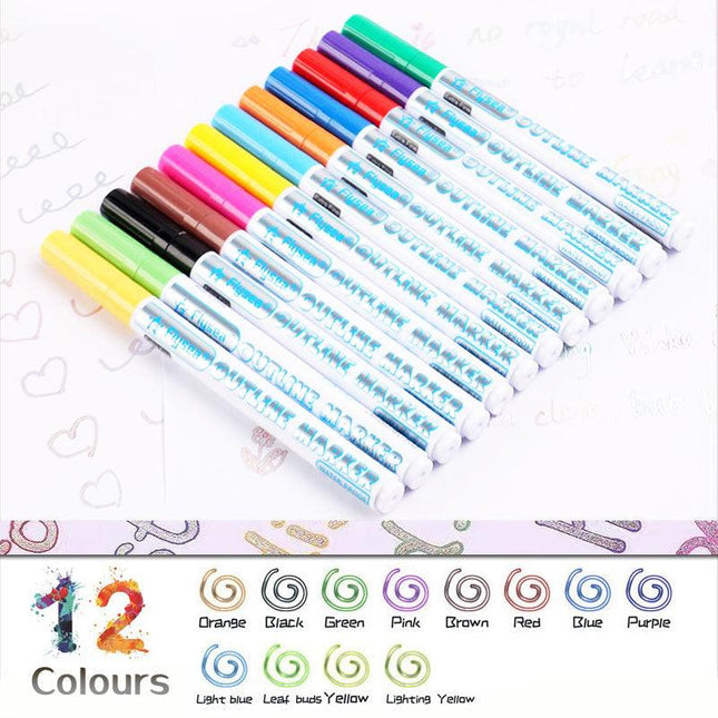 Flysea 12 Colours Writing Drawing Double Line Outline Pen Highlighter Marker AU - Aimall