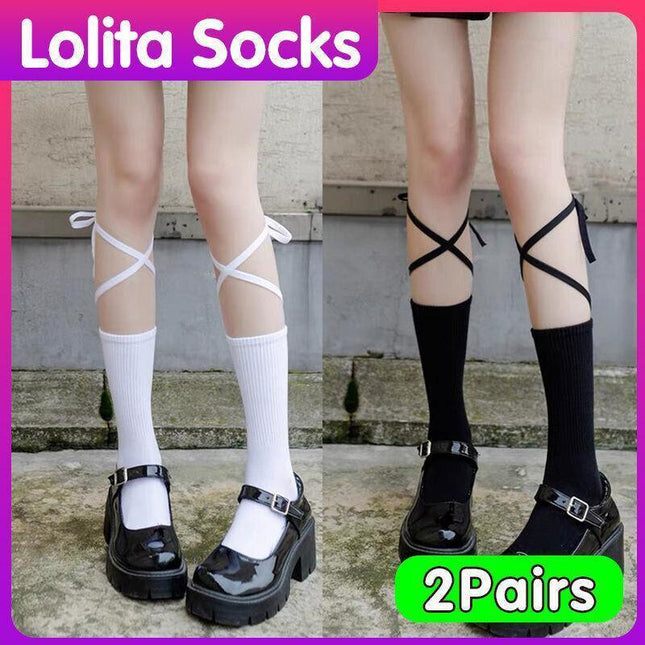 Cross-Tie Women Lolita Socks Bandage Stockings Korean Style Middle Tube Socks AU - Aimall