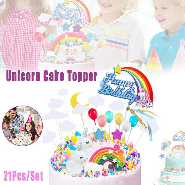 21Pcs/Set Unicorn Cake Topper Kit Cloud Rainbow Happy Birthday Banner Decoration - Aimall